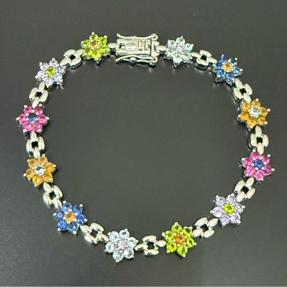 925 Sterling Silver Multicolored CZ Cubic Zirconia Flower Tennis  Bracelet 11g. - Picture 1 of 16